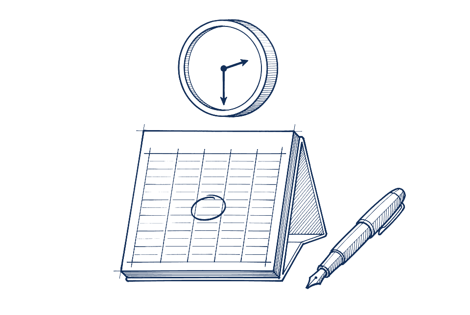 Skizze eines Tischkalenders mit Wochenraster, ein Termin ist eingekreist, darüber eine Wanduhr, daneben ein Stift.