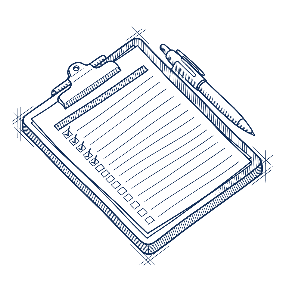 Skizze einer Checkliste auf einem Klemmbrett, die oberen Kästchen abgehakt, ein Kugelschreiber am Brett.