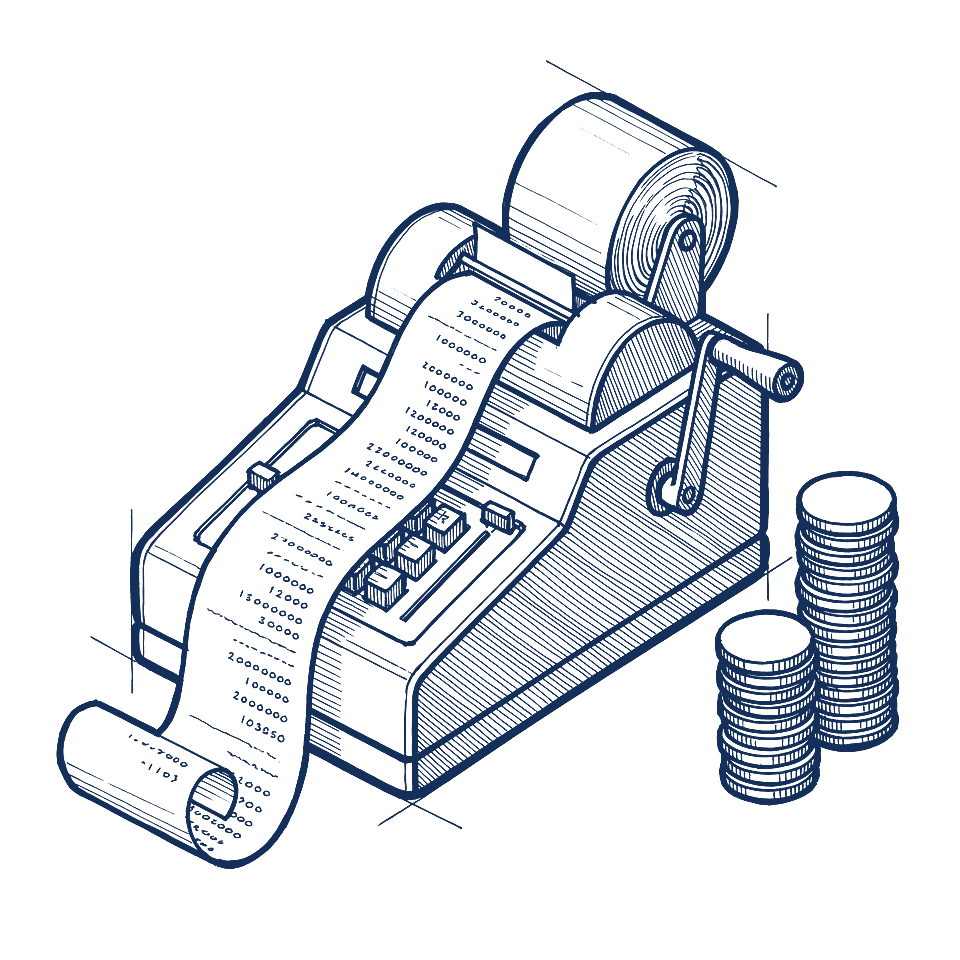 Skizze einer mechanischen Rechenmaschine mit Papierrolle und Kurbel, ein langer Rechenstreifen liegt auf dem Tisch, daneben zwei Münzstapel unterschiedlicher Höhe.